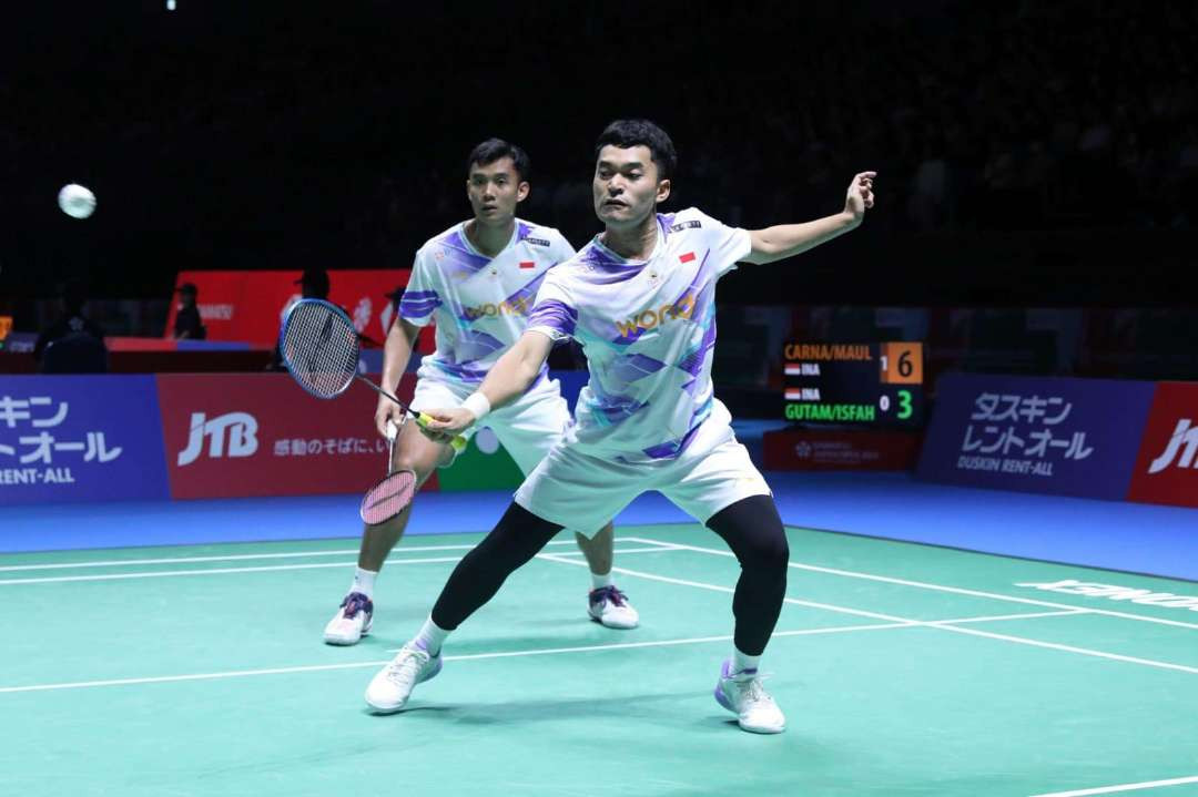 Leo Rolly/Bagas Maulana melaju ke perempat final Japan Open 2024 usai mengalahkan rekan senegaranya Sabar Karyaman Gutama/Mohammad Reza Pahlevi dua set langsung. (Foto: Dok KBRI Tokyo)