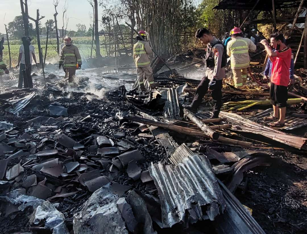 Puing-puing kandang dan enam kambing terbakar habis di Kota Probolinggo, Jawa Timur. (Foto: Ikhsan Mahmudi/Ngopibareng.id)