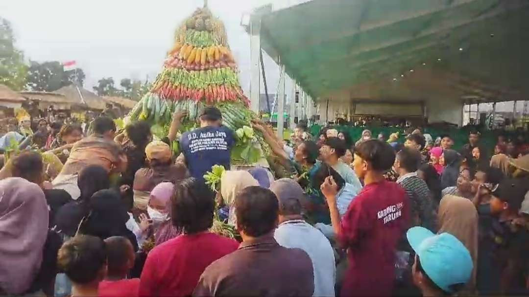 Warga berebut gunungan hasil bumi setelah diarak keliling kampung. (Foto: Deni Lukmantara/Ngopibareng.id)