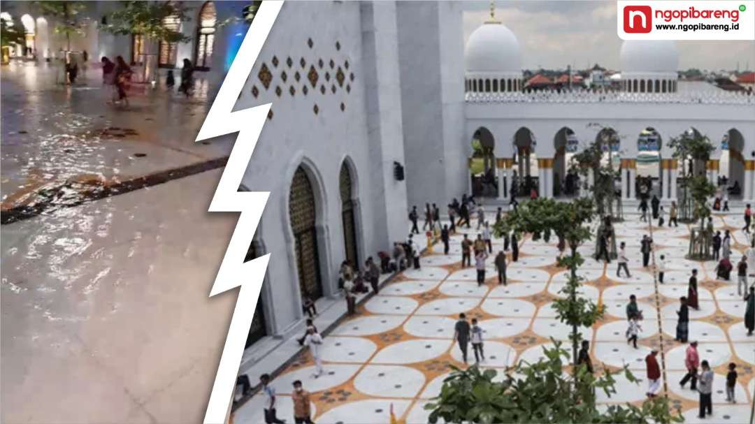 Tangkapan layar dari video Masjid Syeikh Zayed yang sedang kebanjiran di sebelah kiri dan interior masjid pada foto bertahun terbit 2023. (Foto: Tangkapan layar)