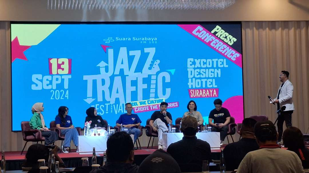 Suasana konferensi pers Jazz Traffic Festival 2024, yang berlangsung di Excotel Design Hotel Surabaya, Jumat 13 September 2024. (Foto: Julianus Palermo/Ngopibareng.id)