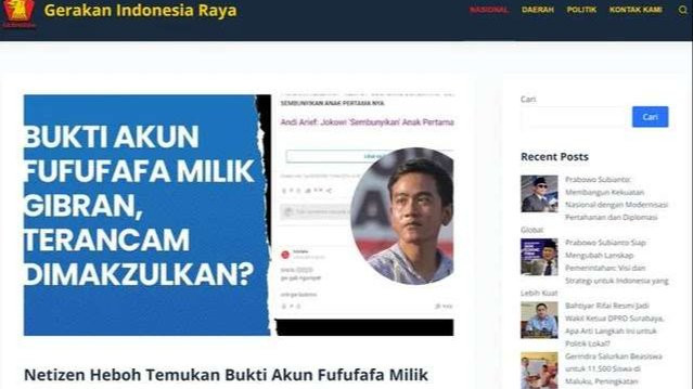 Laman Gerindra.org sempat membuat artikel Fufufafa. (Foto: Tangkapan layar)