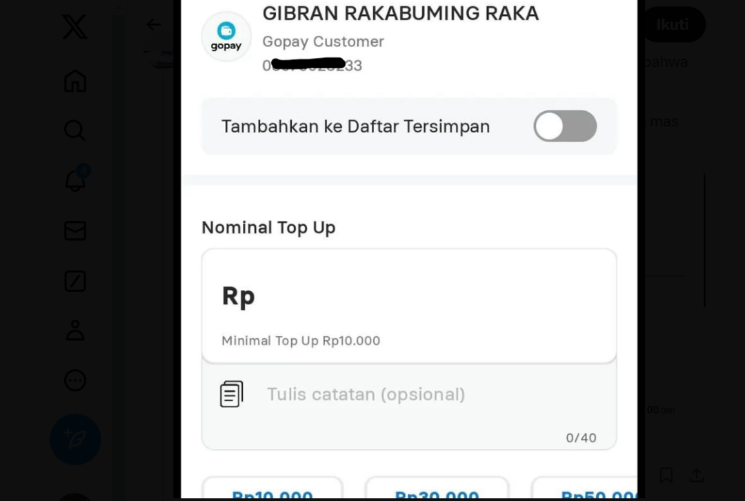 Aksi netizen untuk membongkar pemilik di balik akun Fufufafa terus berjalan. Terbaru netizen ramai mencoba mengirim saldo ke Gopay. (Foto: Tangkapan layar Twitter)