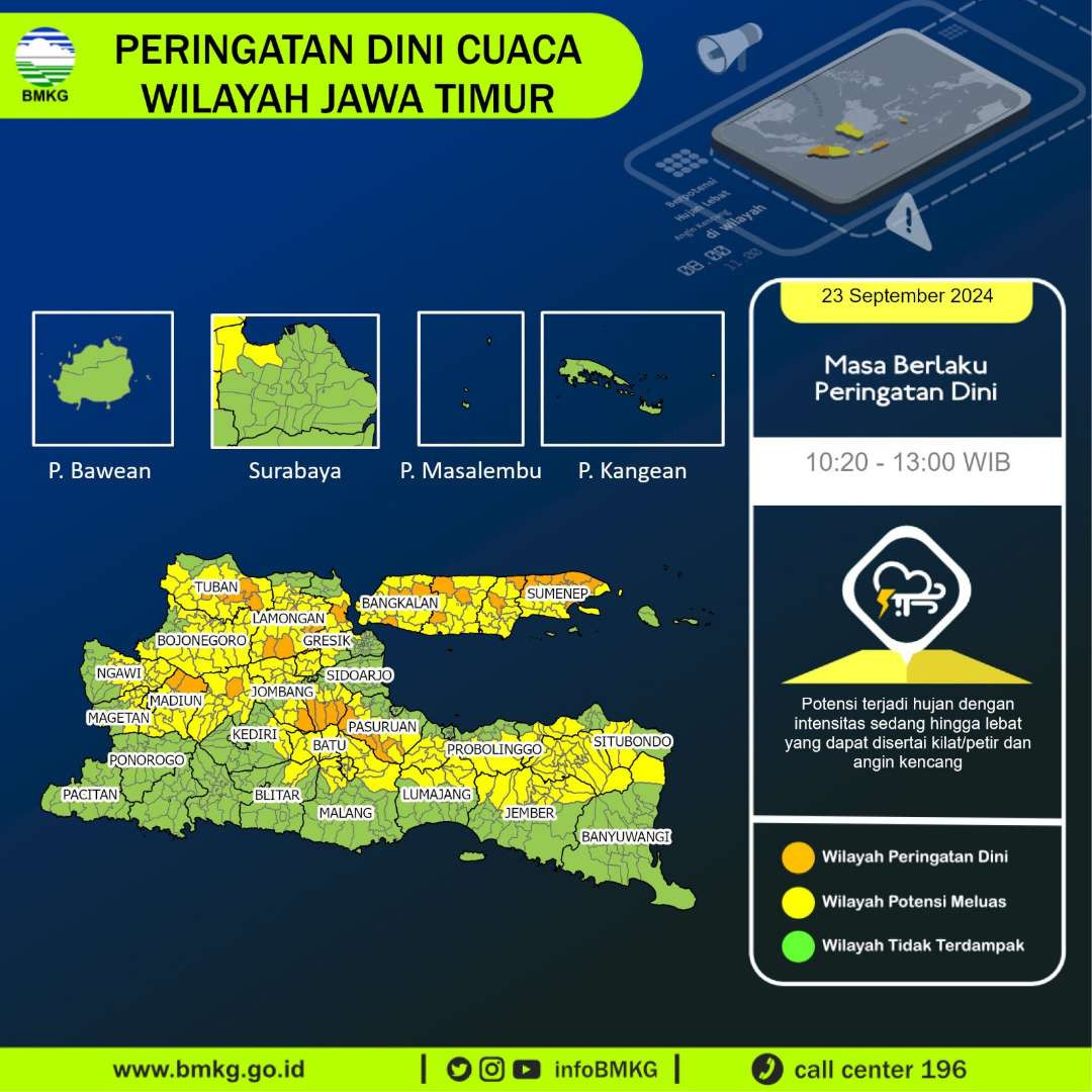 Kabupaten Bojonegoro, Tuban dan Lamongan potensi diguyur hujan  dalam dua hari ini, Senin-Selasa 23-24 September 2024. (Infografis: bmkg)