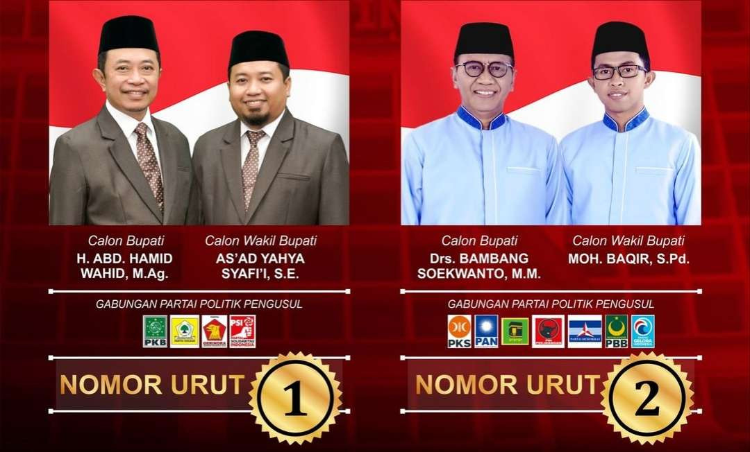 Dua paslon Bupati dan Wabup Bondowoso, Jawa Timur, yakni Hamid-As'ad dan Bambang-Baqir. (Foto: Instagram KPU Bondowoso)