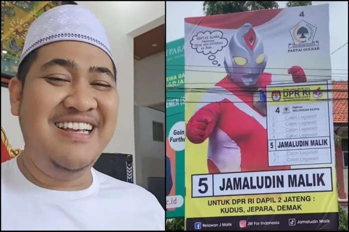 Anggota DPR terpilih dari Fraksi Partai Golkar, Jamaludin Malik, saat kampanye dengan poster Ultraman. (Foto: dok. golkarpedia)