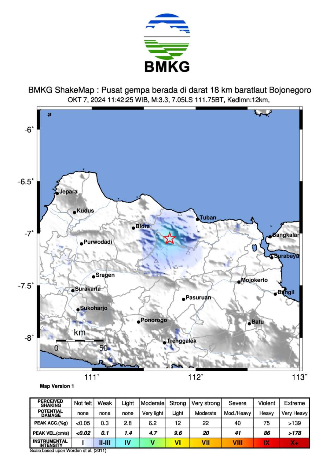 Peristiwa gempa bumi tektonik mengguncang wilayah Bojonegoro Jawa Timur, pada Senin 7 Oktober 2024, pukul 11.42 WIB. (Foto: BMKG)