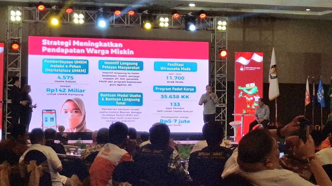 Calon Walikota Surabaya Eri Cahyadi saat memaparkan jawaban dari pertanyaan panelis menggunakan salindia PowerPoint, pada debat publik pertama, Rabu 16 Oktober 2024. (Foto: Julianus Palermo/Ngopibareng.id)