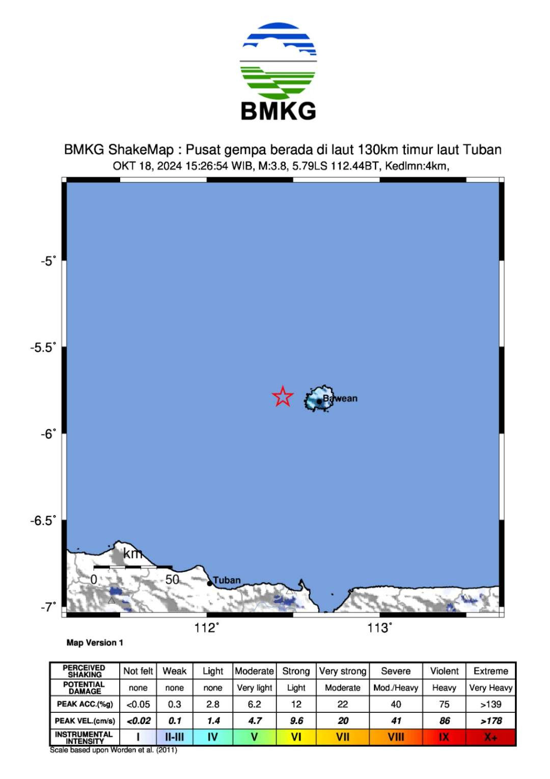 Pusat gempa bumi tektonik di timur laut Tuban (Foto: dok. BMKG Tuban)