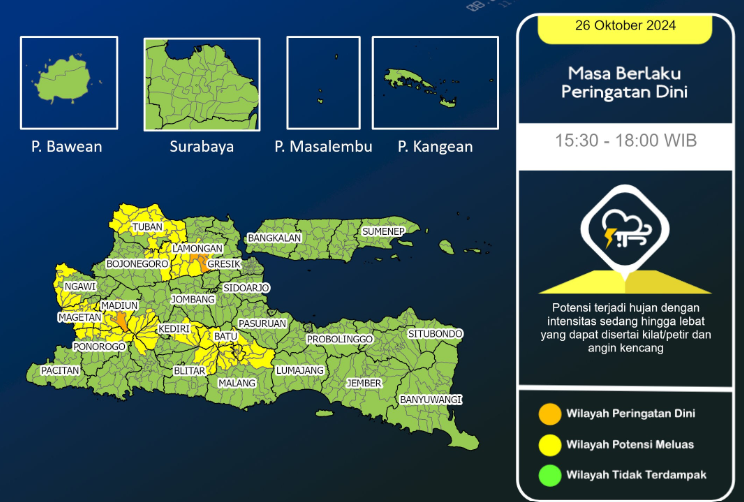 Badan Meteorologi, Klimatologi dan Geofisika (BMKG) Juanda mengeluarkan  peringatan dini cuaca ekstrem pada Sabtu, 26 Oktober 2024, sore ini. (Ilustrasi: Ngopibareng.id)