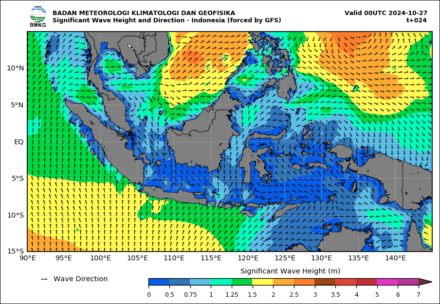 Sebaran wilayah gelombang tinggi di perairan Indonesia pada Minggu-Senin 27-28 Oktober 2024. (Grafis: bmkg)