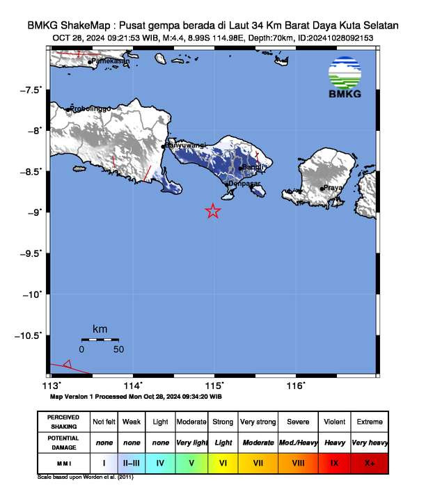 Gempa terjadi di Kuta Selatan, Badung, Bali pada Senin 28 Oktober 2024. (Foto: bmkg)