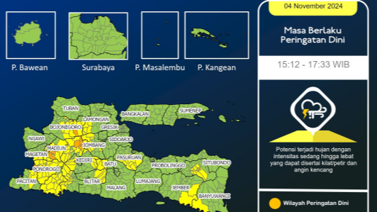 BMKG Juanda mengeluarkan peringatan dini cuaca ekstrem untuk sejumlah wilayah di Jawa Timur, Senin 4 November 2024, hingga pukul 17.33 WIB hari ini. (Foto: Twitter)