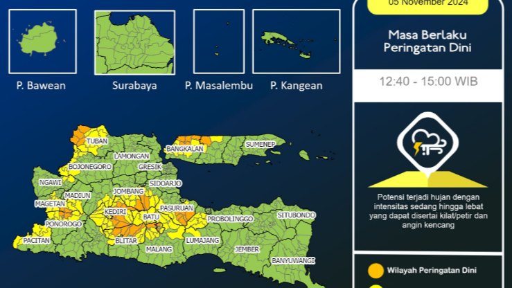 Badan Meteorologi, Klimatologi dan Geofisika (BMKG) Juanda mengeluarkan peringatan dini cuaca ekstrem untuk sejumlah wilayah di Jawa Timur, hari ini. (Foto: Twitter)