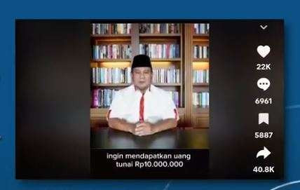 Tangkapan layar video TikTok menarasikan Presiden Prabowo Prabowo bagi-bagi uang tunai Rp10 juta di TikTok. (Foto: Tangkapan layar)