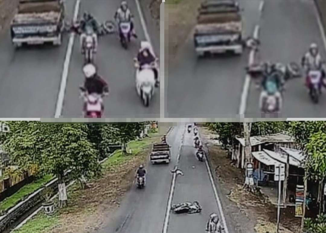 Terekam CCTV, pemotor remaja 15 tahun meninggal dunia, setelah sepeda motor yang dikendarainya terjatuh tersenggol mobil pikap. (Foto: Tangkapan Layar Searah Jarum Jam)