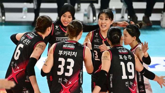 Red Sparks menelan kekalahan 1-3 dari Hillstate dalam lanjutan Liga Voli Korea dengan skor 12-25, 29-27, 22-25, dan 37-39. (Foto: KOVO)