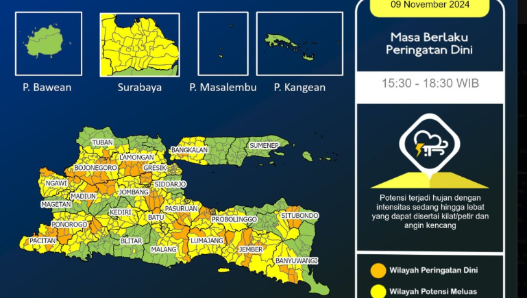 Badan Meteorologi, Klimatologi dan Geofisika (BMKG) Juanda mengeluarkan peringatan dini cuaca ekstrem untuk sejumlah wilayah di Jawa Timur, hari ini. (Foto: Twitter)