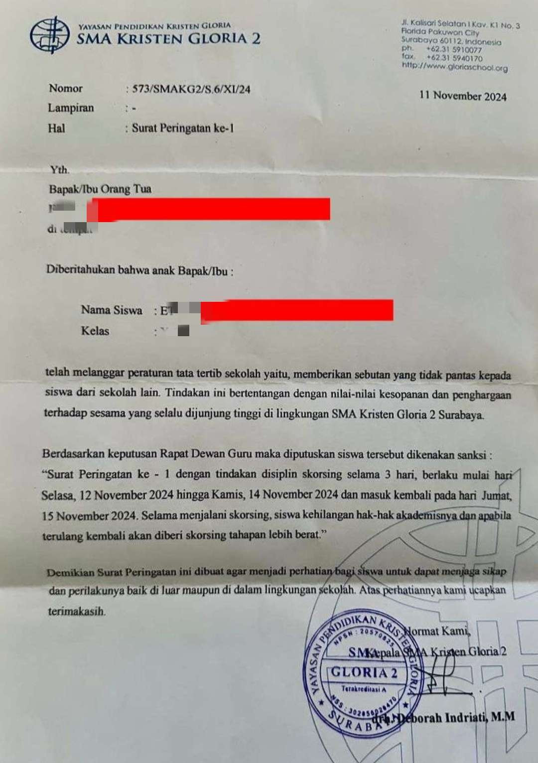 Surat peringatan pertama berupa hukuman skorsing yang dijatuhkan SMA K Gloria 2 Surabaya kepada E. (Foto: X @LexWu_13)