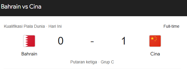 Bahrain  kalah 0-1 atas China pada matchday kelima Grup C babak ketiga Kualifikasi Piala Dunia 2026 Zona Asia, Kamis 14 November 2024 malam WIB.