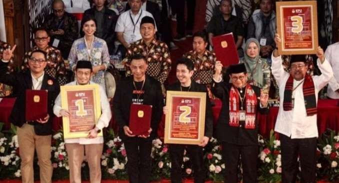 Tiga pasang cagub-cawagub Jakarta berdasarkan nomor urut calon dari kiri ke kanan Ridwan Kamil-Suswono, Dharma Pongrekun-Kun Wardan Pramono Anung-Rano Karno. (Foto: Istimewa)