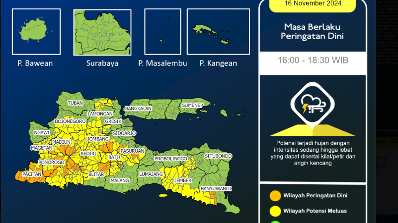 Badan Meteorologi, Klimatologi dan Geofisika (BMKG) Juanda mengeluarkan peringatan dini cuaca ekstrem untuk sejumlah wilayah di Jawa Timur, hingga pukul 18.30 WIB, Sabtu 16 November 2024 hari ini. (Foto: BMKG)