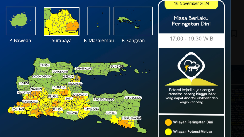 BMKG Juanda mengeluarkan peringatan dini cuaca ekstrem untuk sejumlah wilayah di Jawa Timur. peringatan dini diberikan di antaranya untuk Surabaya. (Foto: BMKG)