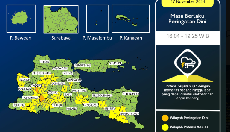 BMKG Juanda mengeluarkan peringatan dini cuaca ekstrem untuk sebagian wilayah di Tulungagung dan Madiun, Minggu 17 November 2024, hari ini. (Foto: BMKG)