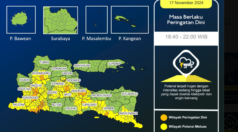 BMKG Juanda memperpanjang peringatan dini cuaca ekstrem untuk sebagian wilayah di Jawa Timur, Minggu 17 November 2024, hari ini. (Foto: BMKG)