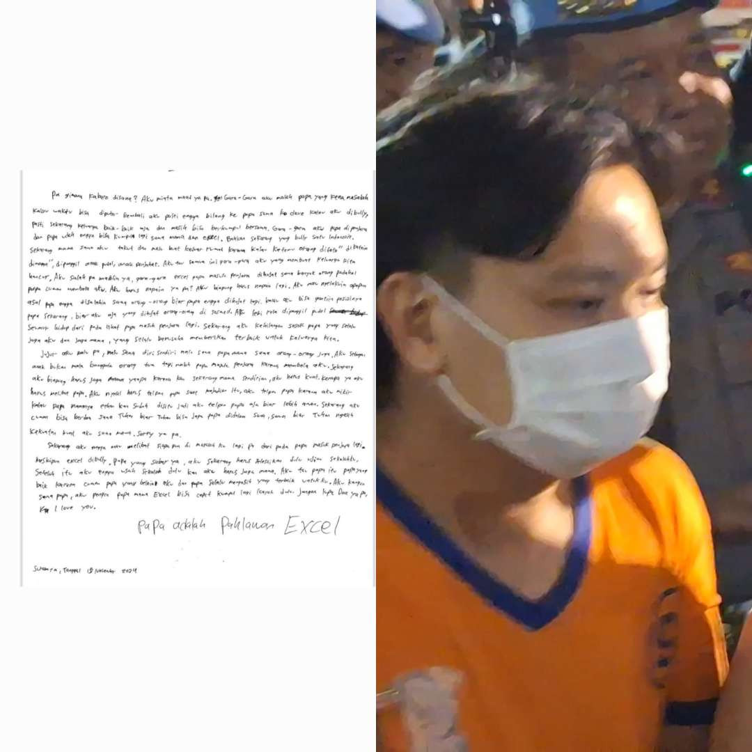 Surat yang dituliskan oleh EL, putra dari tersangka kasus perundungan terhadap siswa SMA K Gloria 2 Surabaya berinisial EN. (Foto: Instagram @royshakti)