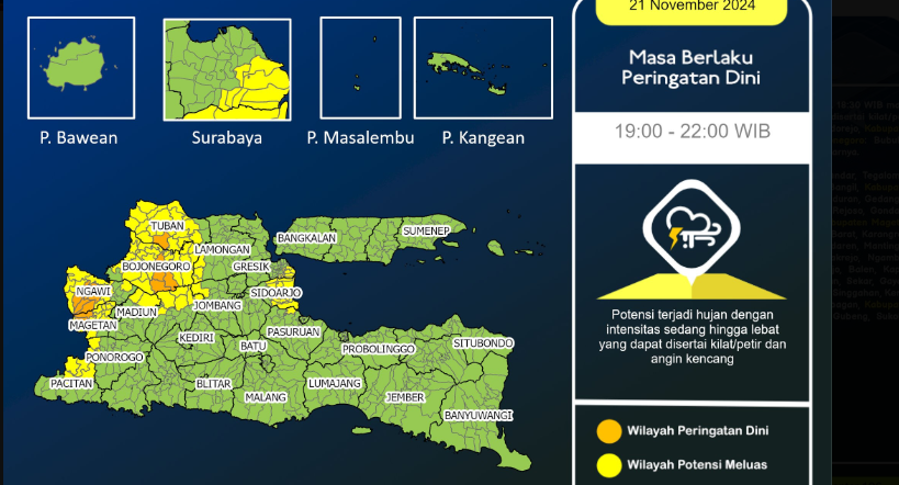 BMKG Juanda memperpanjang peringatan dini cuaca ekstrem di sejumlah wilayah Jawa Timur, hingga pukul 22.00, Kamis 21 November 2024, hari ini. (Foto: X)