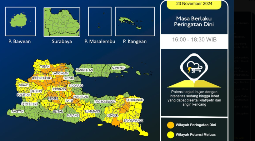 Badan Meteorologi, Klimatologi dan Geofisika (BMKG) Juanda mengeluarkan peringatan dini cuaca ekstrem untuk wilayah Jawa Timur, hingga pukul 18.30, hari ini. (Foto: BMKG)