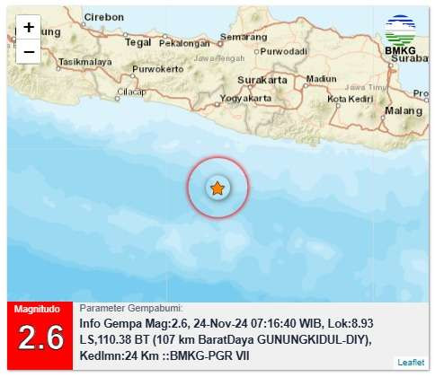 Gempa Bumi di Kabupaten Gunung Kidul, Di Yogyakarta pada Minggu 24 November 2024. (Foto : bmkg)