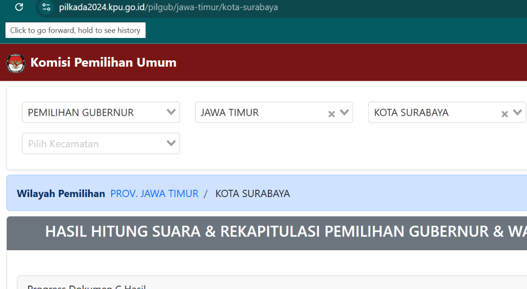 KPU pun memberikan informasi hasil hitung cepat sementara, dari hasil pemungutan suara Pilkada Serentak 2024 hari ini, secara online. (Foto: Tangkapan layar)