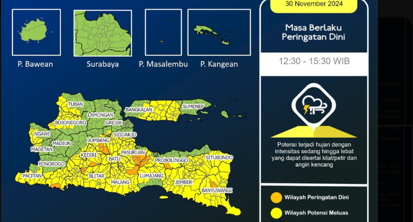 BMKG Juanda mengeluarkan peringatan dini cuaca ekstrem untuk sebagian wilayah di Jawa Timur, pada Sabtu, 30 November 2024, hingga pukul 15.30 WIB. (Foto: X BMKG)