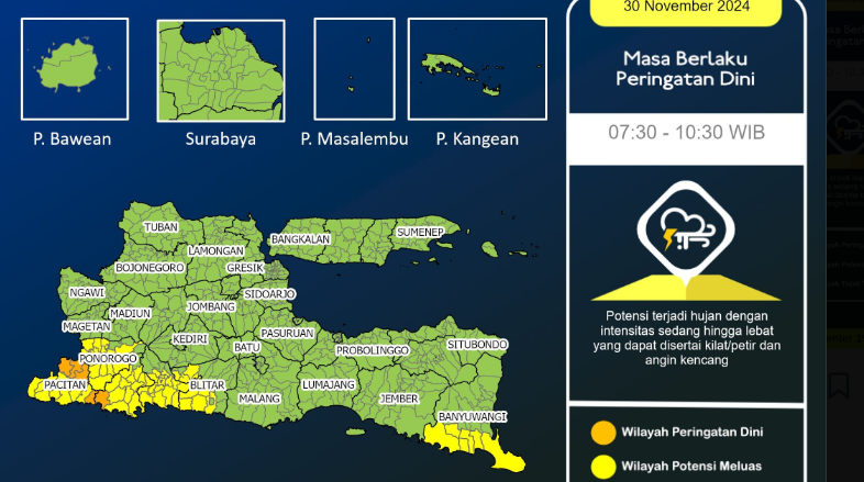 BMKG Juanda mengeluarkan peringatan dini cuaca ekstrem untuk sebagian wilayah Pacitan dan Trenggalek, pada Sabtu, 30 November 2024, hari ini. (Foto: X BMKG)