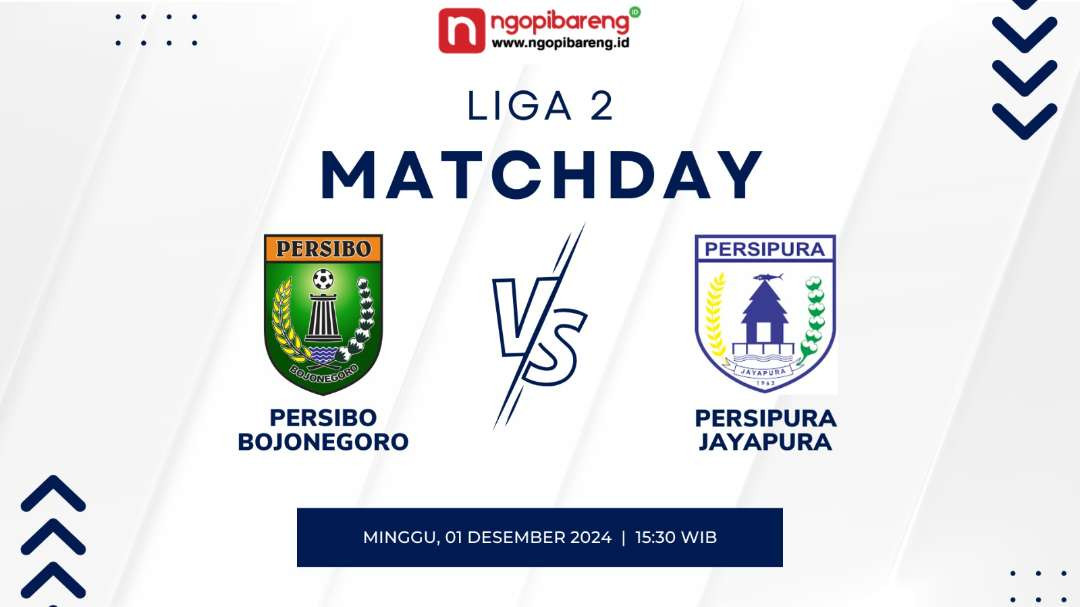 Persibo Bojonegoro vs Persipura Jayapura yang akan berlaga di Stadion Letjend Soedirman pada Minggu 1 Desember 2024 15.30 WIB. (Grafis Chandra/Ngopibareng.id)