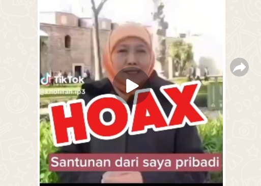 Video hoaks terkait janji Khofifah Indar Parawansa membagikan santunan bila menang dalam Pilkada Jawa Timur. (Foto: Tangkapan layar)