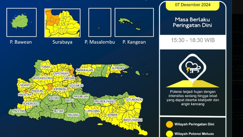 BMKG Juanda mengeluarkan peringatan dini cuaca ekstrem untuk sejumlah wilayah di Jawa Timur, termasuk Surabaya, Sabtu 7 Desember 2024. (Foto: X@BMKGJuanda)