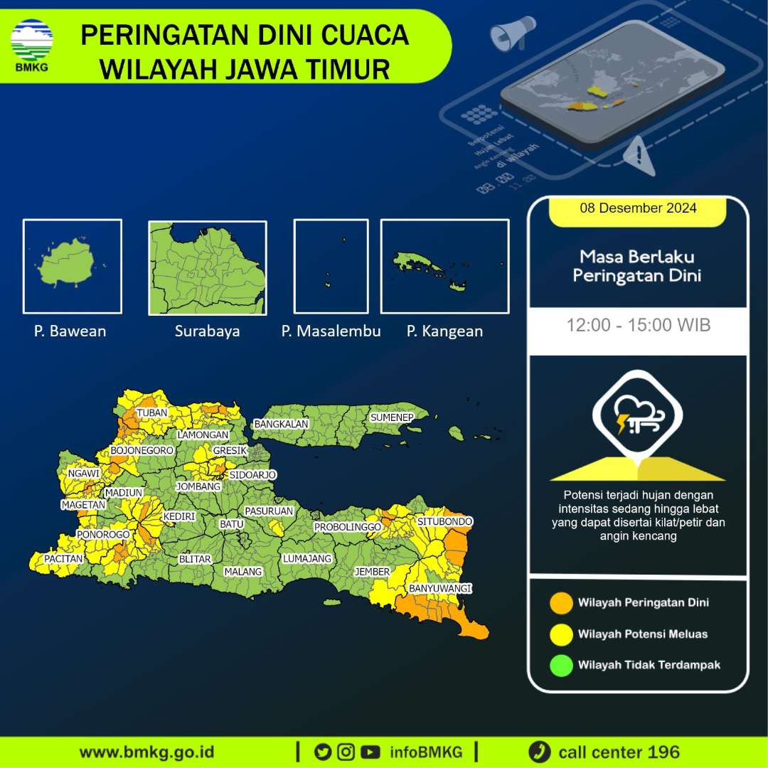 Hujan sedang dan desa diprediksi terjadi di Jawa Timur bagian barat dan timur pada Minggu siang-sore pada Minggu 8 Desember 2024. (Grafis: bmkg)