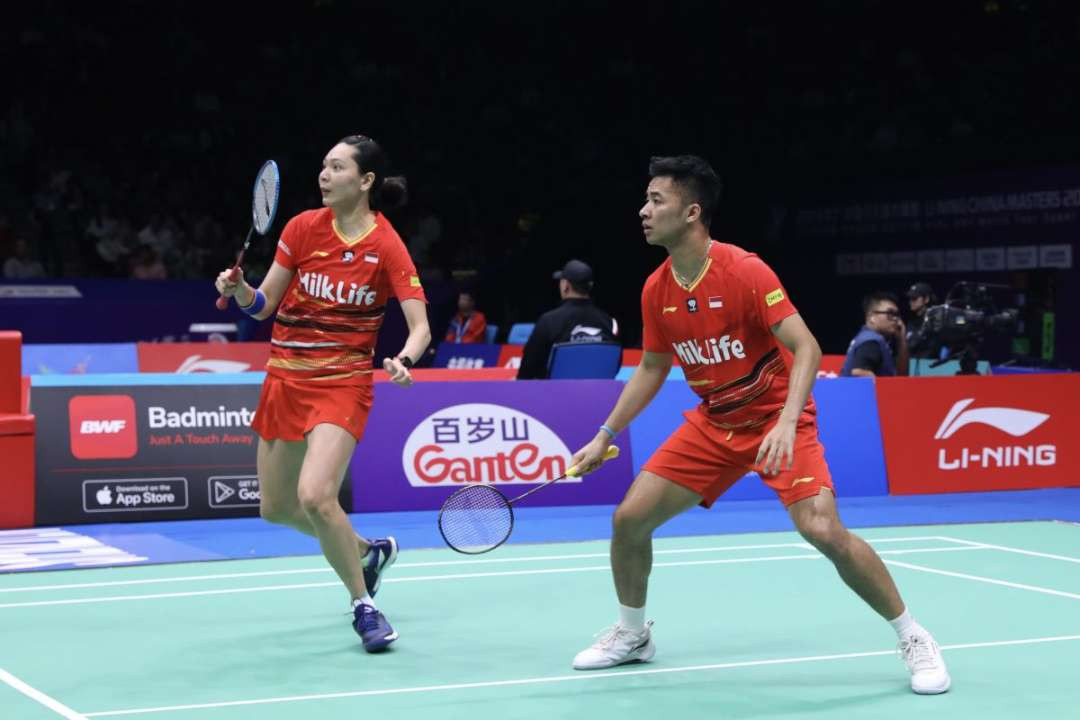 Ganda campuran Indonesia, Dejan Ferdinansyah/Gloria Emanuelle Widjaja meraih kemenangan penting pada laga pertama BWF World Tour Finals 2024. (Foto: PBSI)