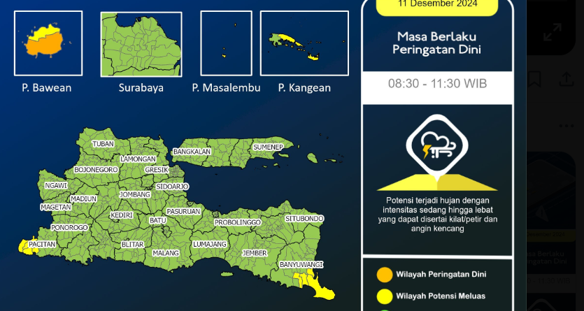 BMKG Juanda mengeluarkan peringatan dini cuaca ekstrem untuk sejumlah wilayah di Jawa Timur, Rabu 11 Desember 2024, hingga pukul 11.30 WIB hari ini. (Foto: akun X BMKG Juanda)