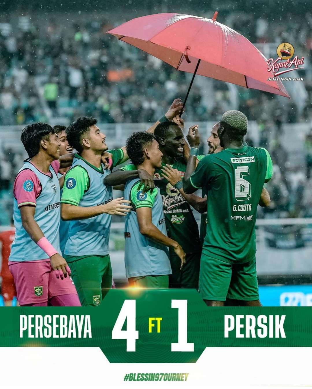 Skor akhir laga Persebaya Surabaya vs Persik Kediri 4-1. (Foto: Instagram @officialpersebaya)