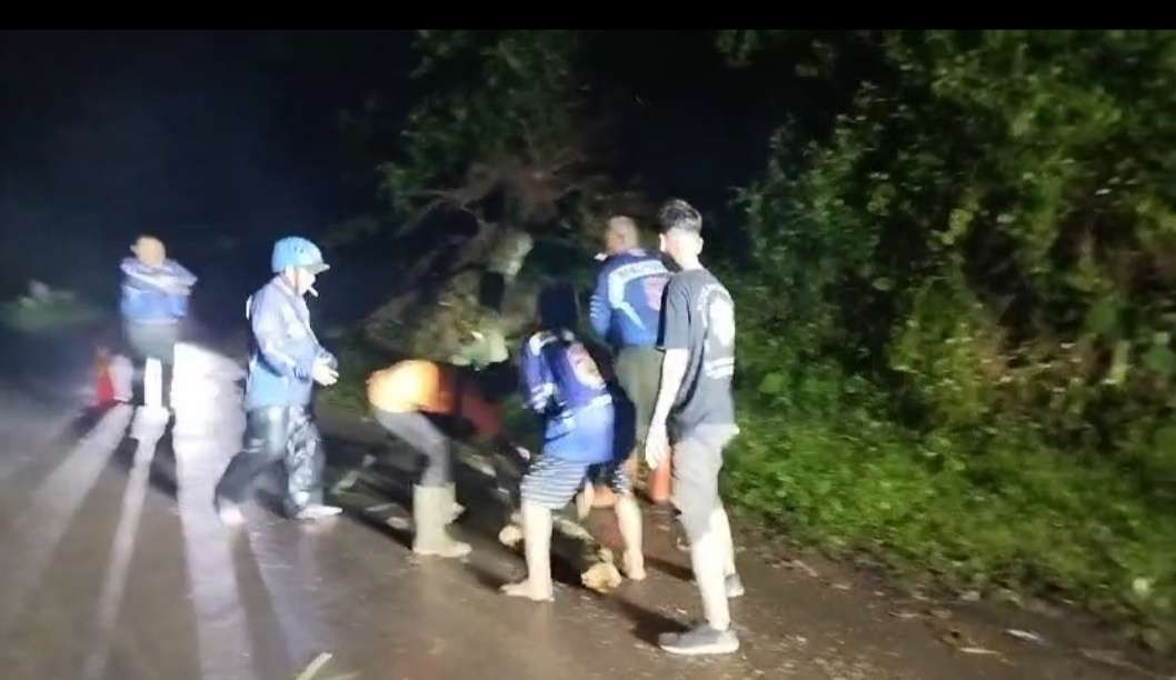 Relawan Baret Rescue saat melakukan pemotongan kayu di lokasi longsor (Foto: Dokumentasi Baret Rescue)