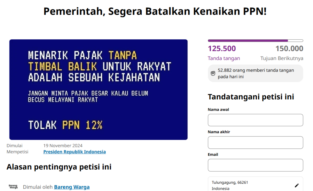 Petisi penolakan kenaikan PPN 12 persen. (Foto: Change)