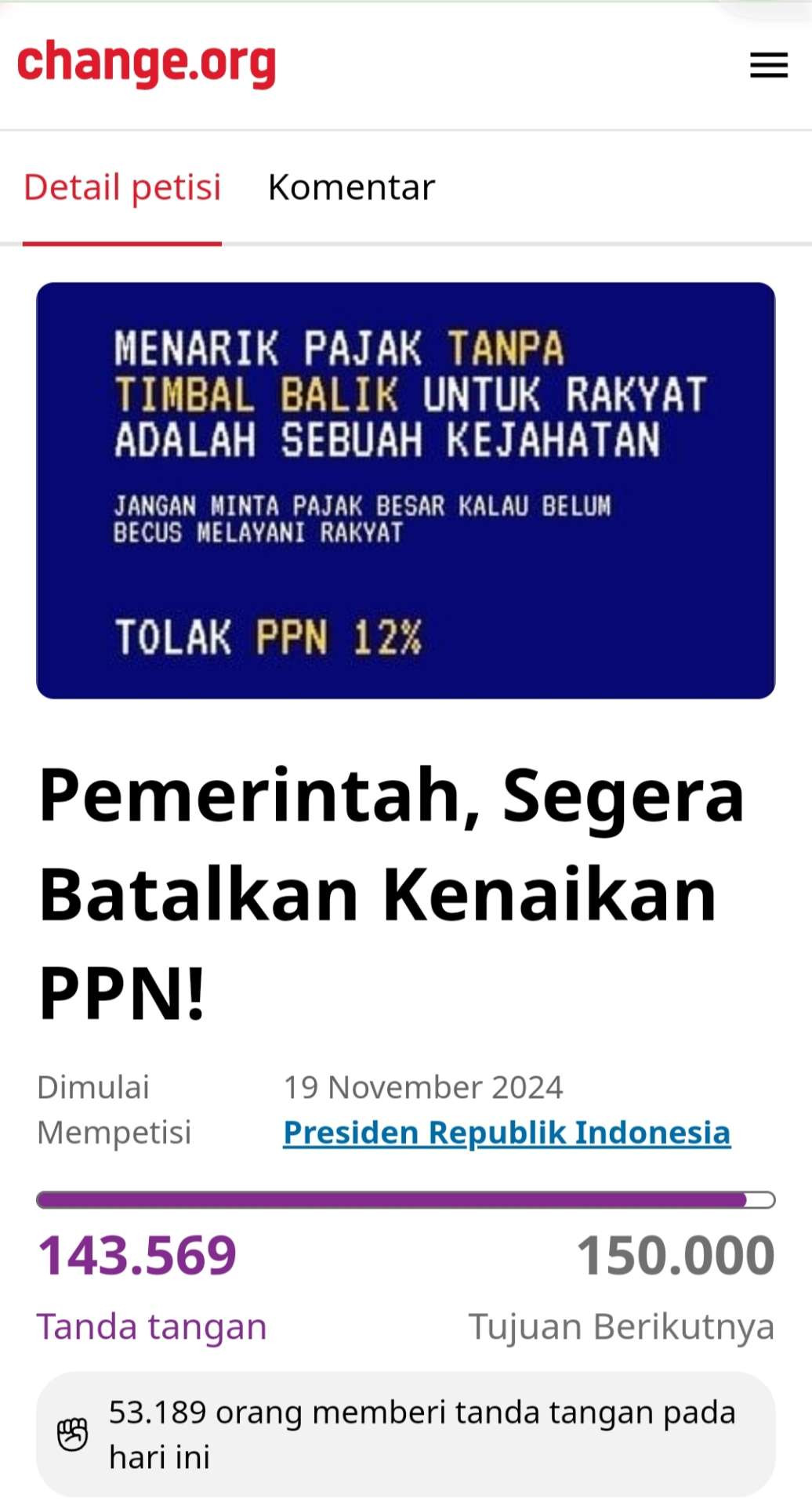 Petisi tolak kenaikkan PPN. (Foto: Tangkapan layar)