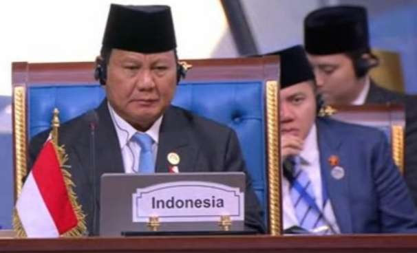 Presiden Prabowo Subianto menyampaikan pidato pada sesi khusus Konferensi Tingkat Tinggi (KTT) ke-11 Developing Eight (D-8) di Istana Kepresidenan New Administrative Capital, Kairo, Mesir. (Foto: BPMI Setpres)