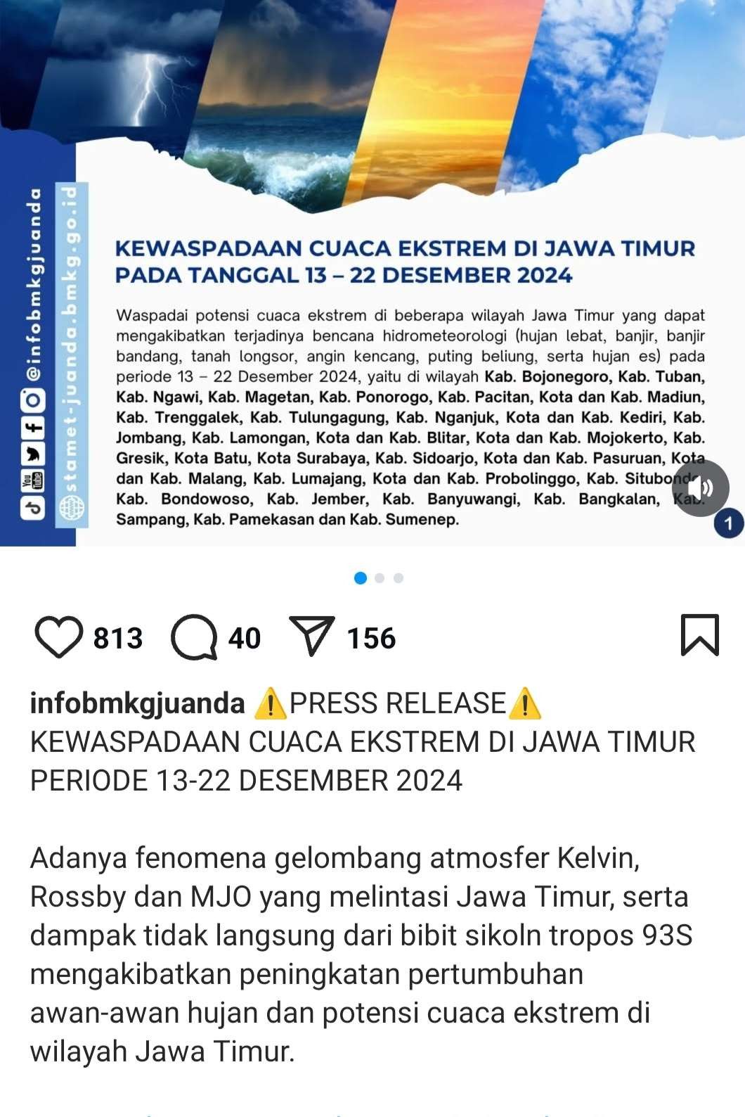 Peringatan cuaca ekstrem di Jawa Timur. (Foto: Instagram @infobmkgjuanda)