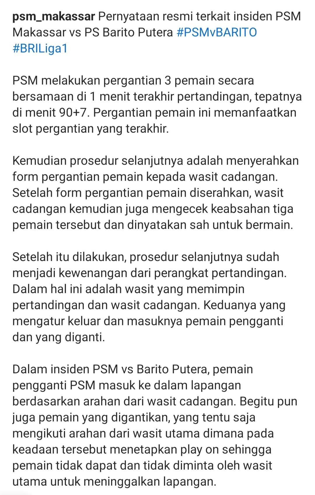 Pernyataan resmi PSM Makassar soal insiden 12 pemain. (Foto: Instagram PSM Makassar)