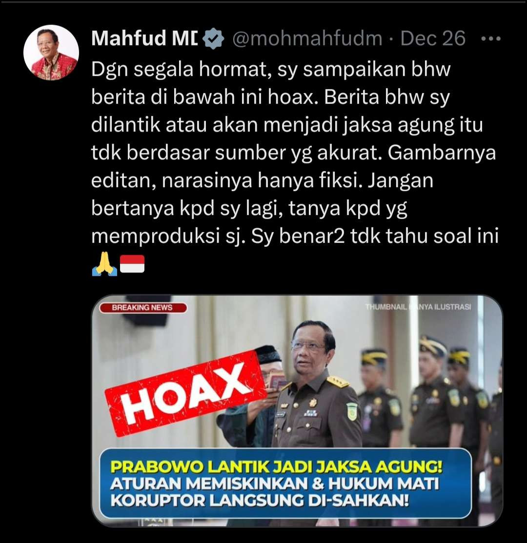 Mahfud MD membantah kabar dirinya diangkat jadi Jaksa Agung. (Foto: X @mohmahfudmd)